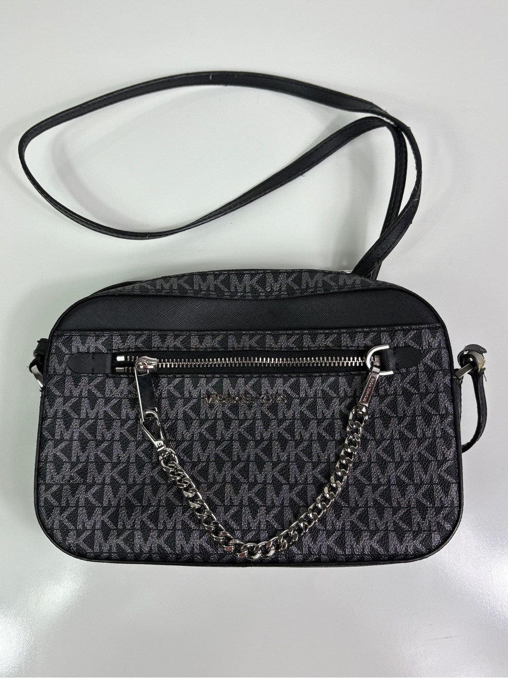 Michael Kors Black Gray Logo Shoulder Bag Chain Accent Silver Hardware Women